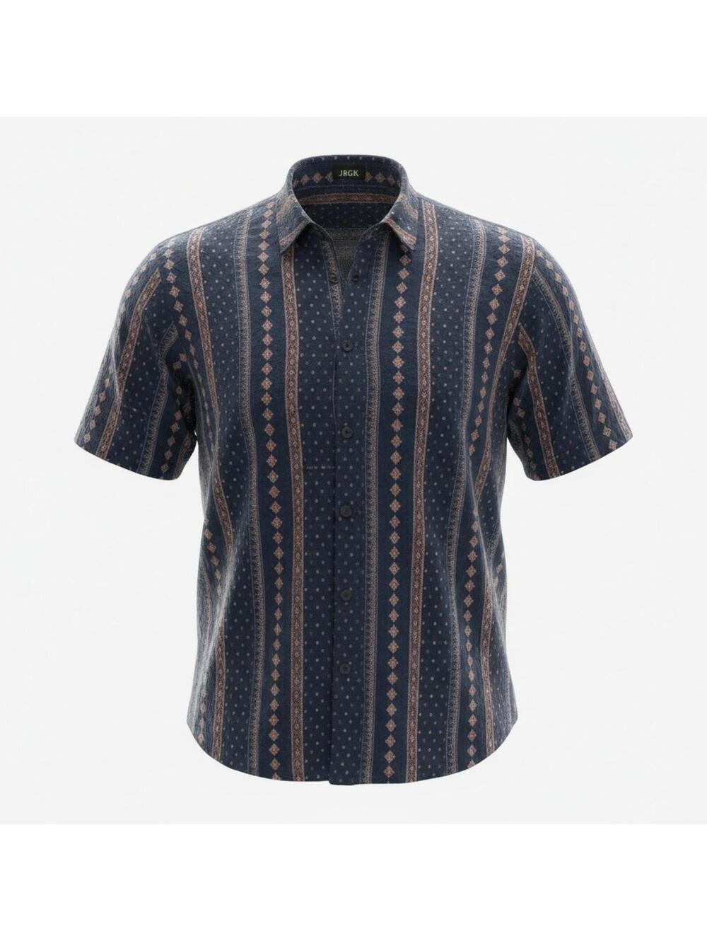 3XL Short-Sleeve Button-Down Navy Geometric Stripe Shirt